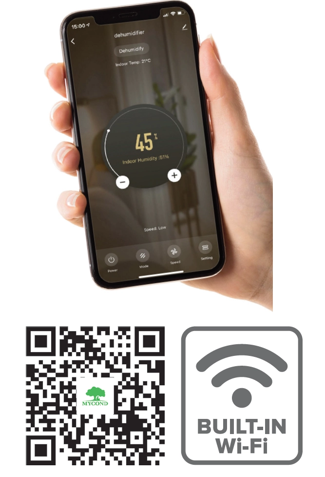 Uma mão que utiliza o painel de controlo do desumidificador MyCond Giant Smart.