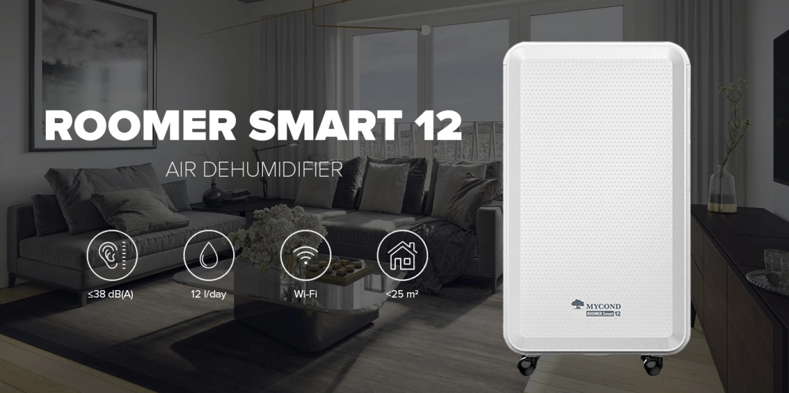 Um desumidificador compacto MyCond Roomer Smart 12 concebido para utilização residencial no interior.