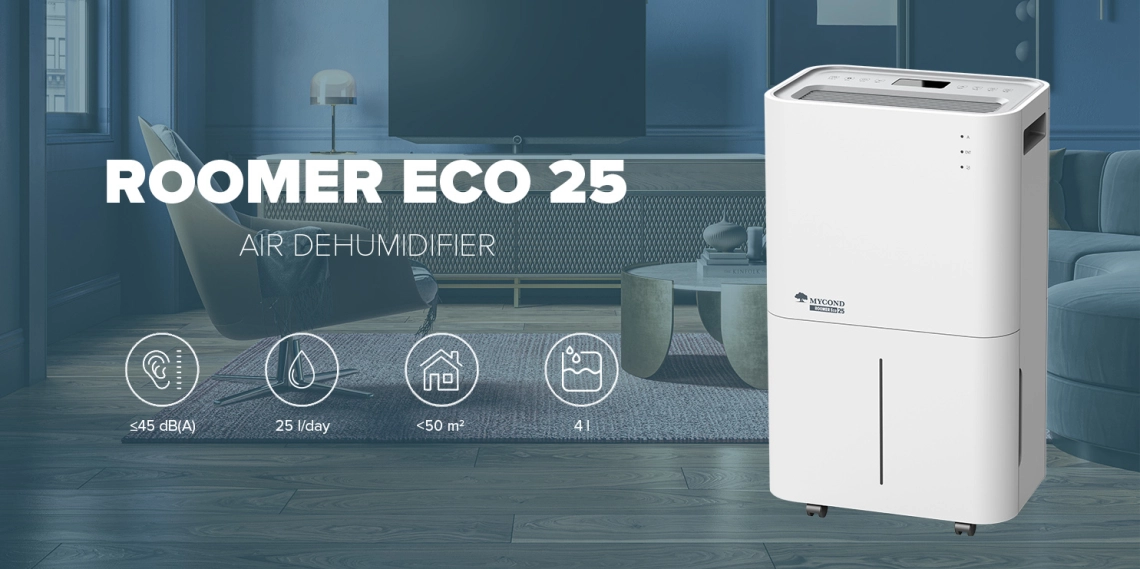 Desumidificador compacto MyCond Roomer Eco 25 ideal para uso doméstico.