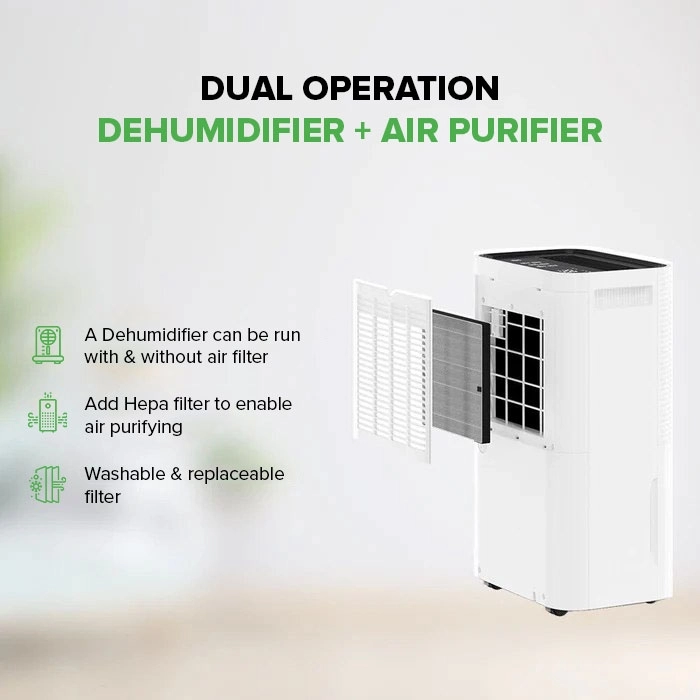 Desumidificador compacto MyCond Roomer Hepa 25 num espaço de vida moderno.