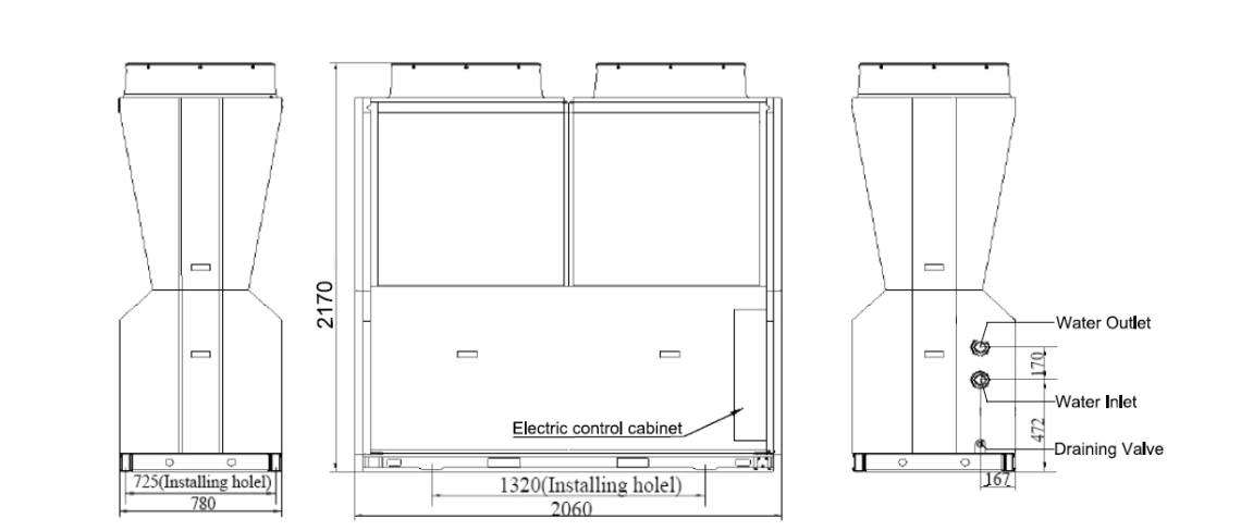 Diagrama das dimensões do Mycond Inverter Pro MCU-065YHDD.