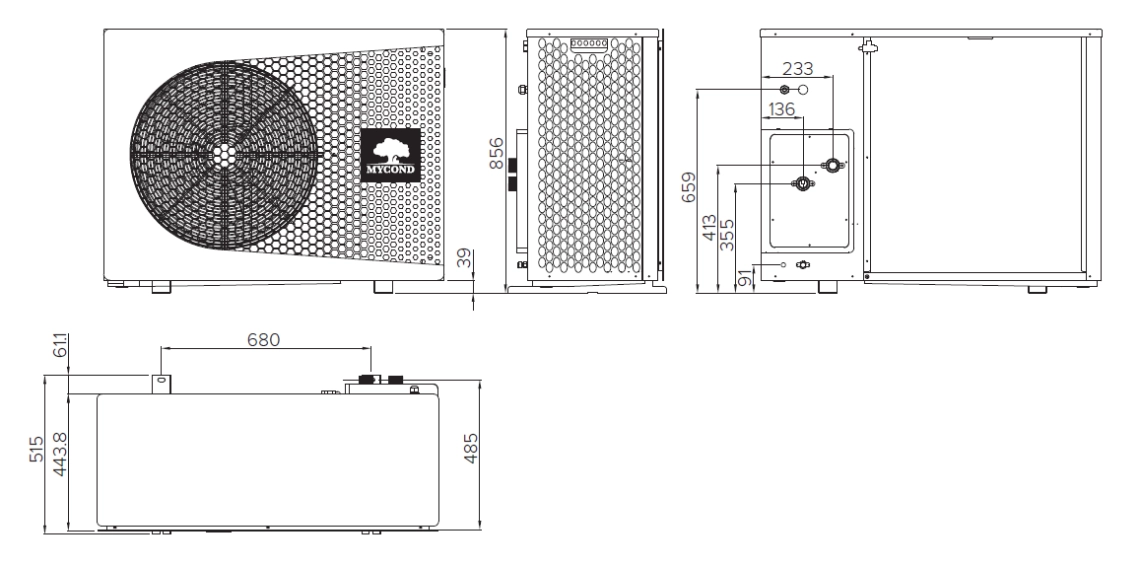 Diagrama que mostra as dimensões da bomba de calor monobloco compacta MyCond BeeThermic.