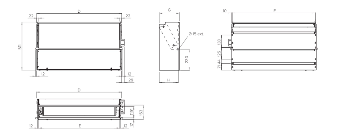 Diagrama que mostra as dimensões da unidade ventilo-convectora da série MyCond SEC/F.