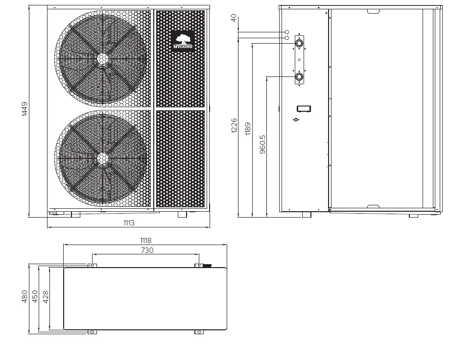 Dimensões e especificações da unidade exterior MyCond BeeThermic.