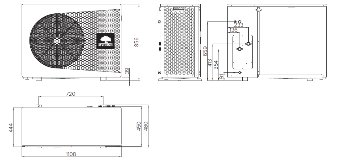 Esquema de dimensões das bombas de calor monobloco da série MyCond BeeThermic.