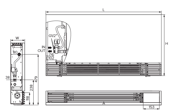 MyCon Silent Diagrama com as dimensões das unidades ventilo-convectoras de chão da série silent.