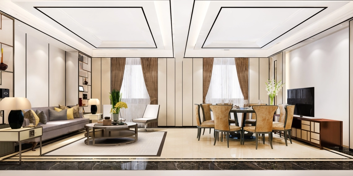 MyCond Uma luxuosa e moderna sala de jantar e de estar com uma bomba de calor integrada na decoração.