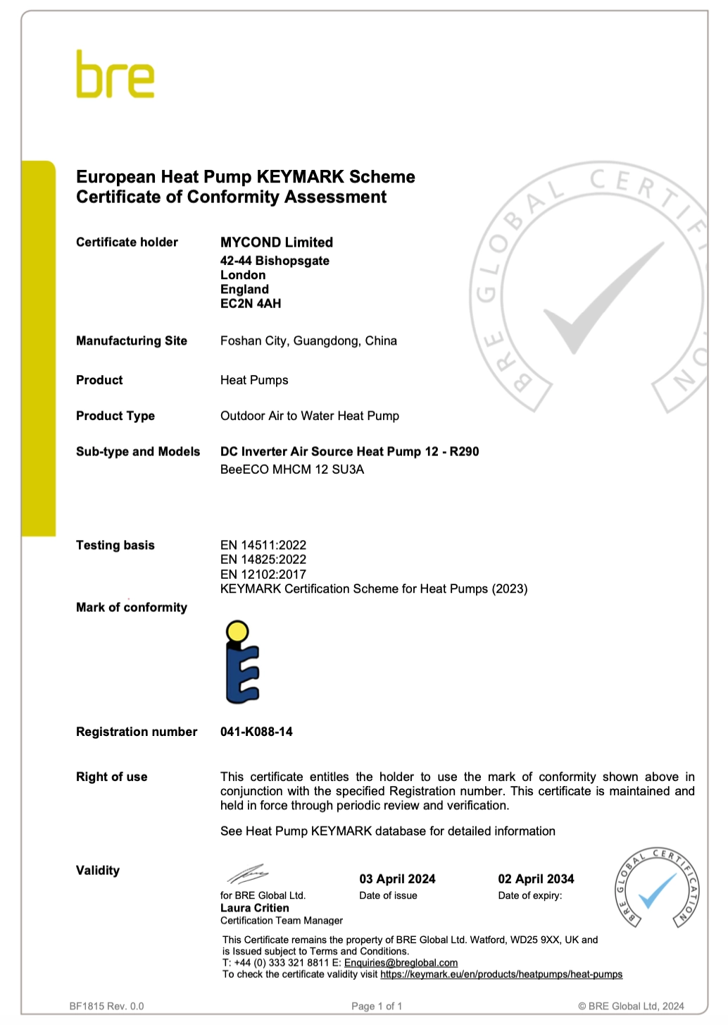 Certificado de conformidade Mycond BeeEco KEYMARK