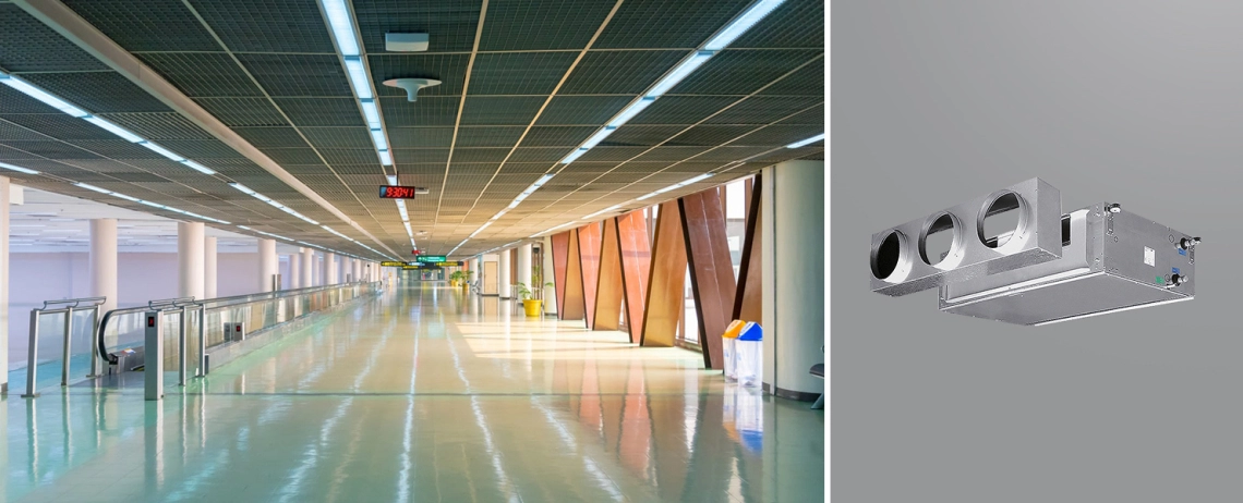 MyCond DFCL Uma unidade de serpentina de ventilador de conduta ESP elevada instalada num aeroporto.