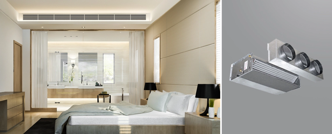 MyCond HPL Um quarto de hotel moderno com uma unidade ventilo-convectora de conduta ESP média.