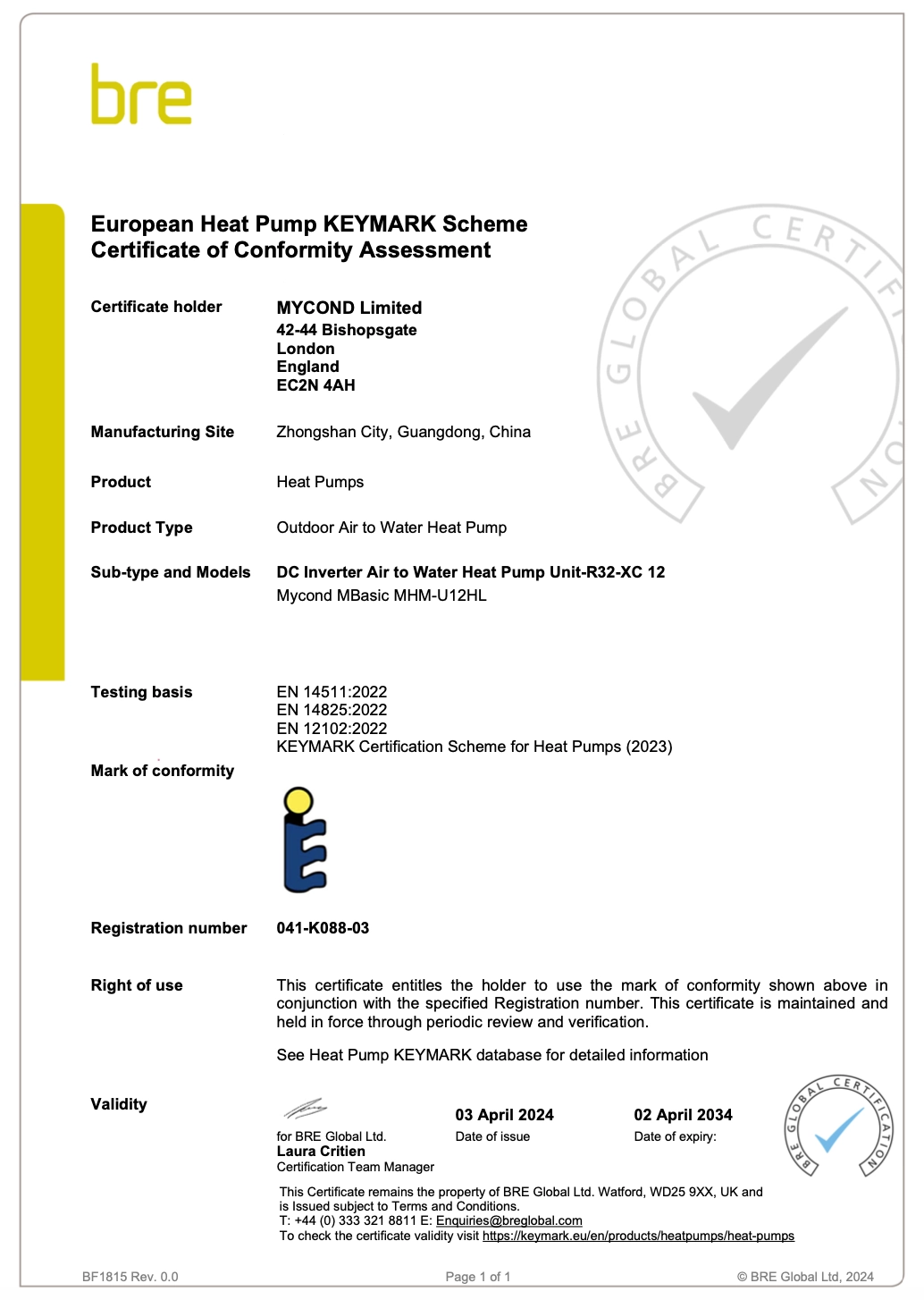 Certificado de conformidade MyCond MBasic KEYMARK