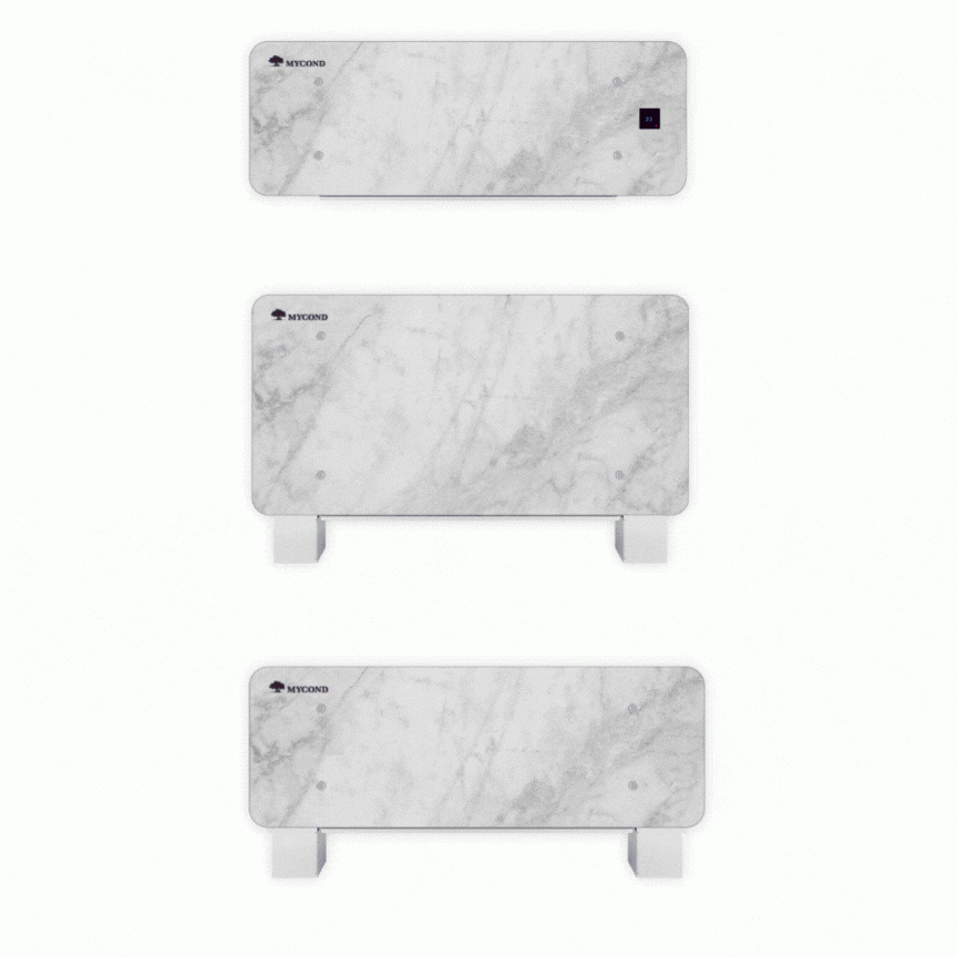 MyCond Silver Glass Wall Unidade ventilo-convectora moderna montada na parede com design em vidro prateado.