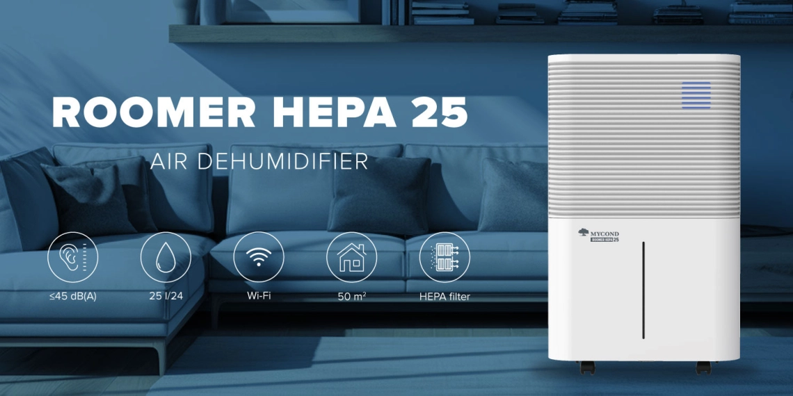 Desumidificador de ar silencioso MyCond Roomer Hepa 25 para um controlo eficaz da humidade.
