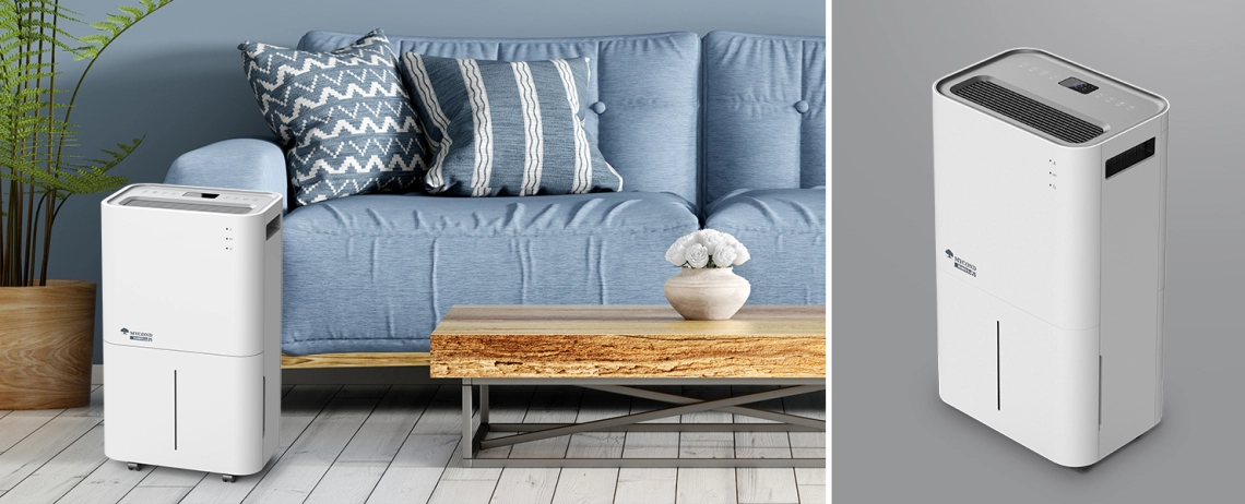 O elegante desumidificador branco MyCond Roomer Eco 25 em ação.