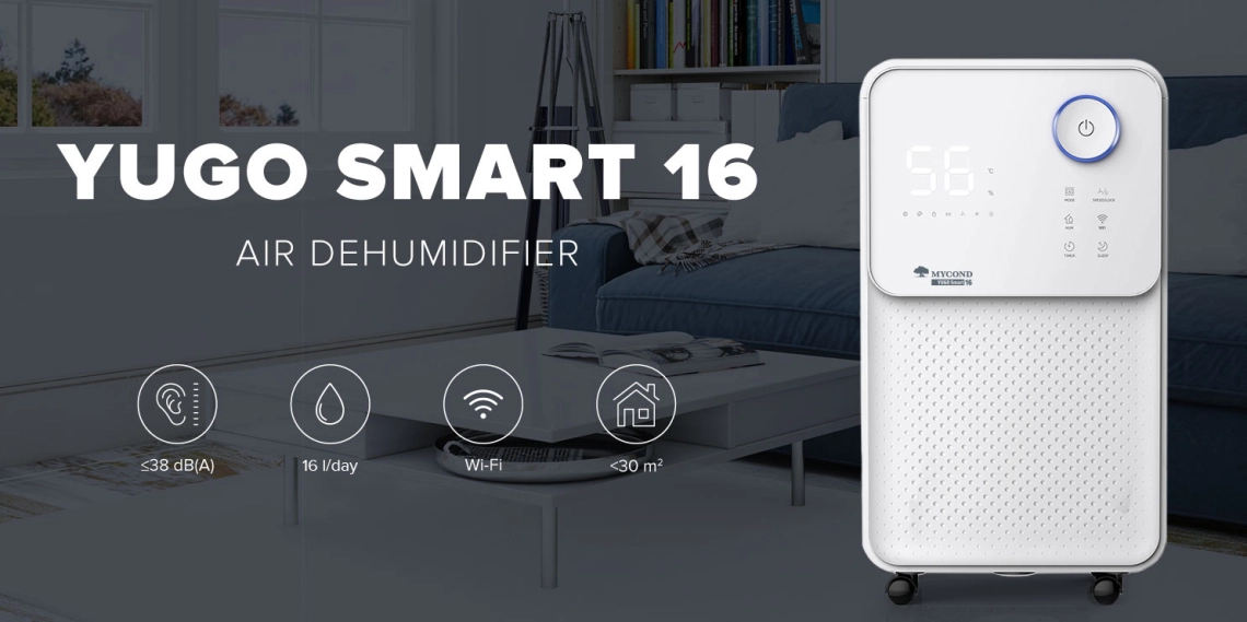 Desumidificador compacto YUGO Smart 16 com funcionamento silencioso e elevada eficiência.