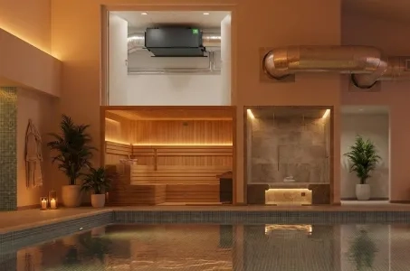 Requisitos do espaço para o desumidificador por conduta MSHA(C): sala técnica, condutas de ar, espaço e funcionamento contínuo