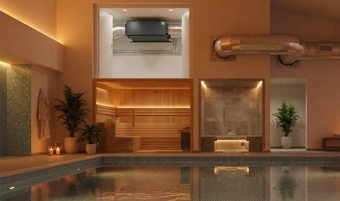 Requisitos do espaço para o desumidificador por conduta MSHA(C): sala técnica, condutas de ar, espaço e funcionamento contínuo